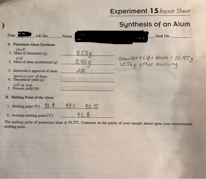 Synthesis of alum lab answers