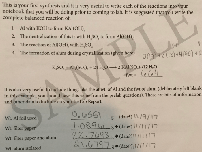 Synthesis of alum lab answers